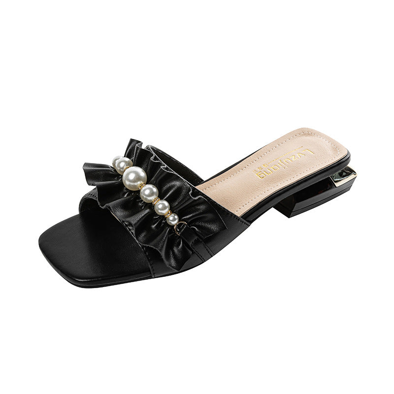 Pearl-Adorned Low Heel Sandals and Slippers for Elegant Footwear Bliss