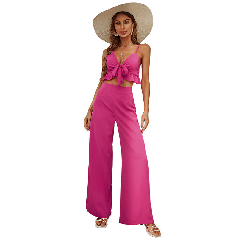 Rose Red Sling Tube Top and Backless Long Bell-bottom Pants Suit