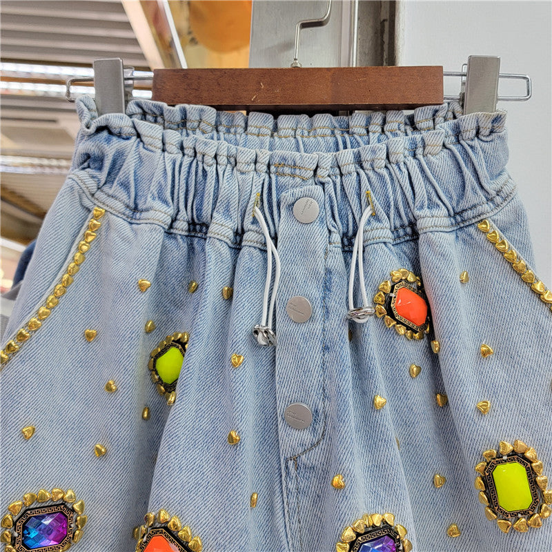 Diamond-Beaded High-Waist Denim Shorts for a Glamorous Look